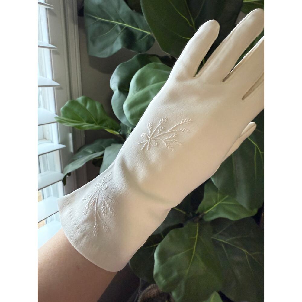 Womens Vintage Cream Driving Gloves 100% Cotton Bow Leaves Embroidered 7 Holiday